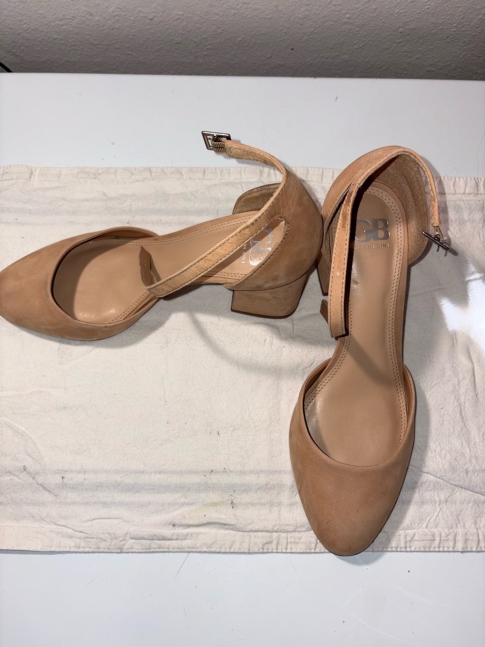 Gianni Bini Nude/Tan Ankle-Strap Block Heels